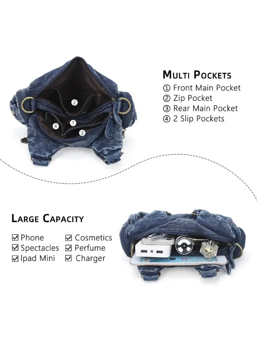Stylish Small Hobo Shoulder Bag - Vegan Leather Multi-Pocket Tote with Zipper
